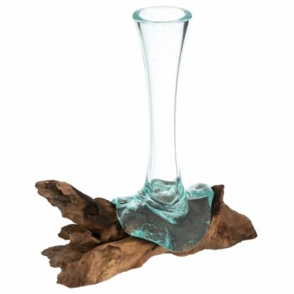 Fúkaná sklenená váza na teakovom dreve